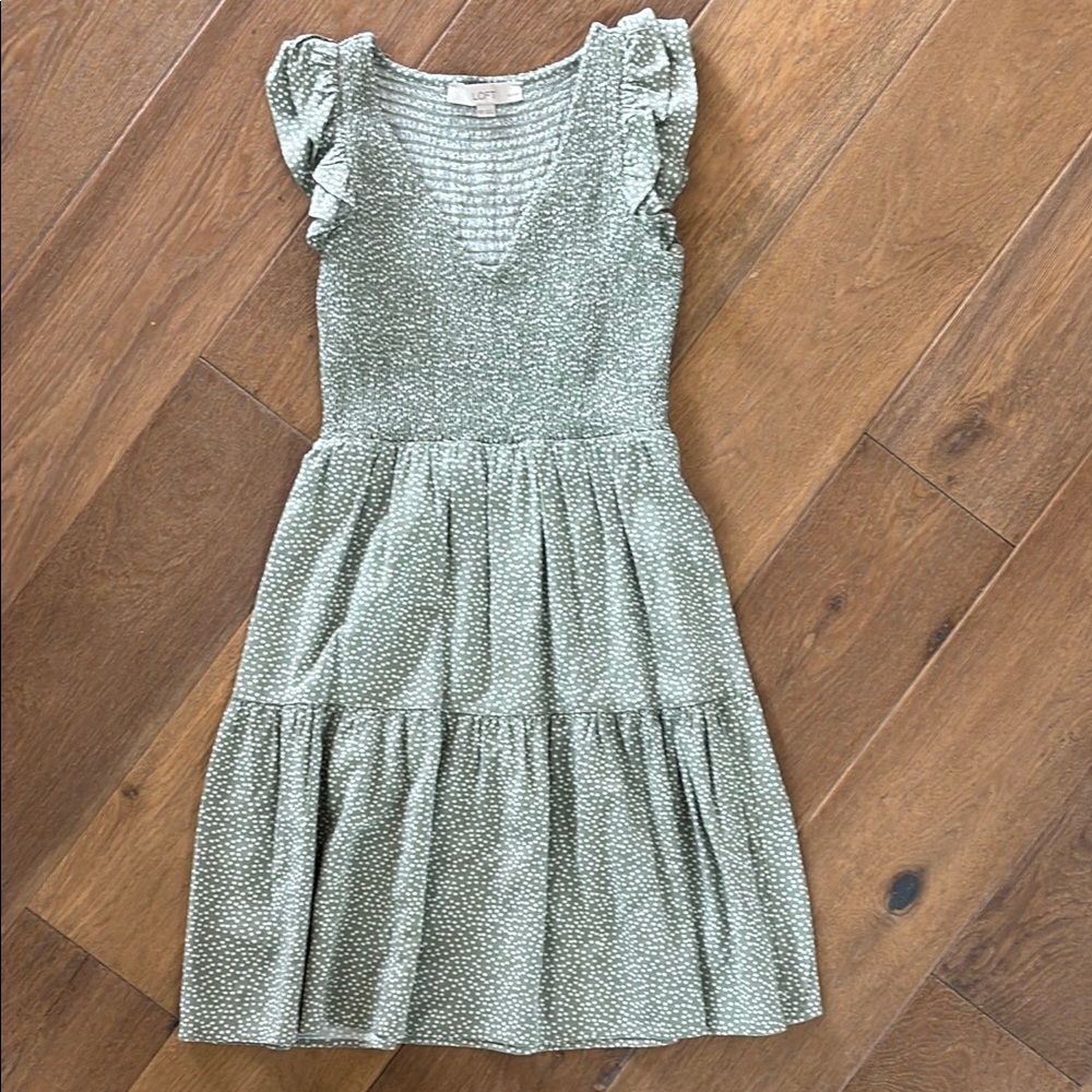 LOFT Sage Polka Dot Ruffle Dress